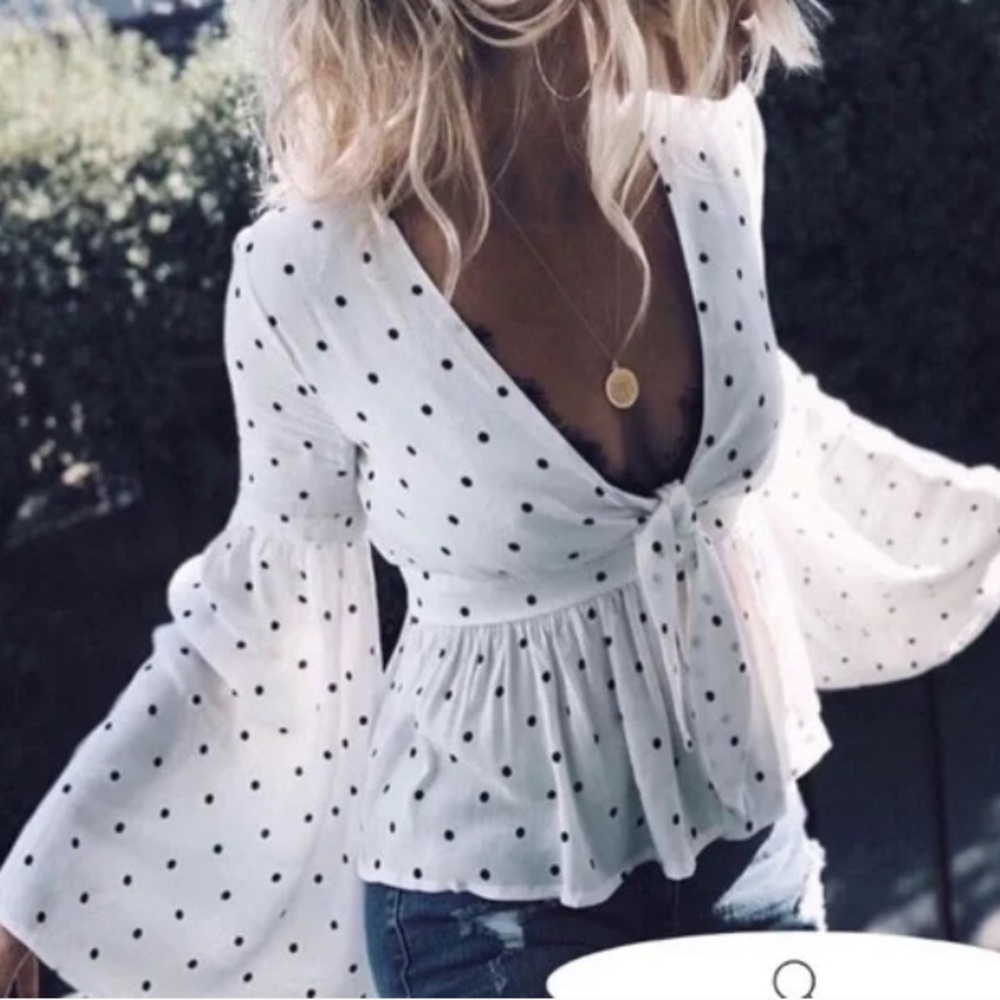 Vici white with black polka dots bell sleeve shirt